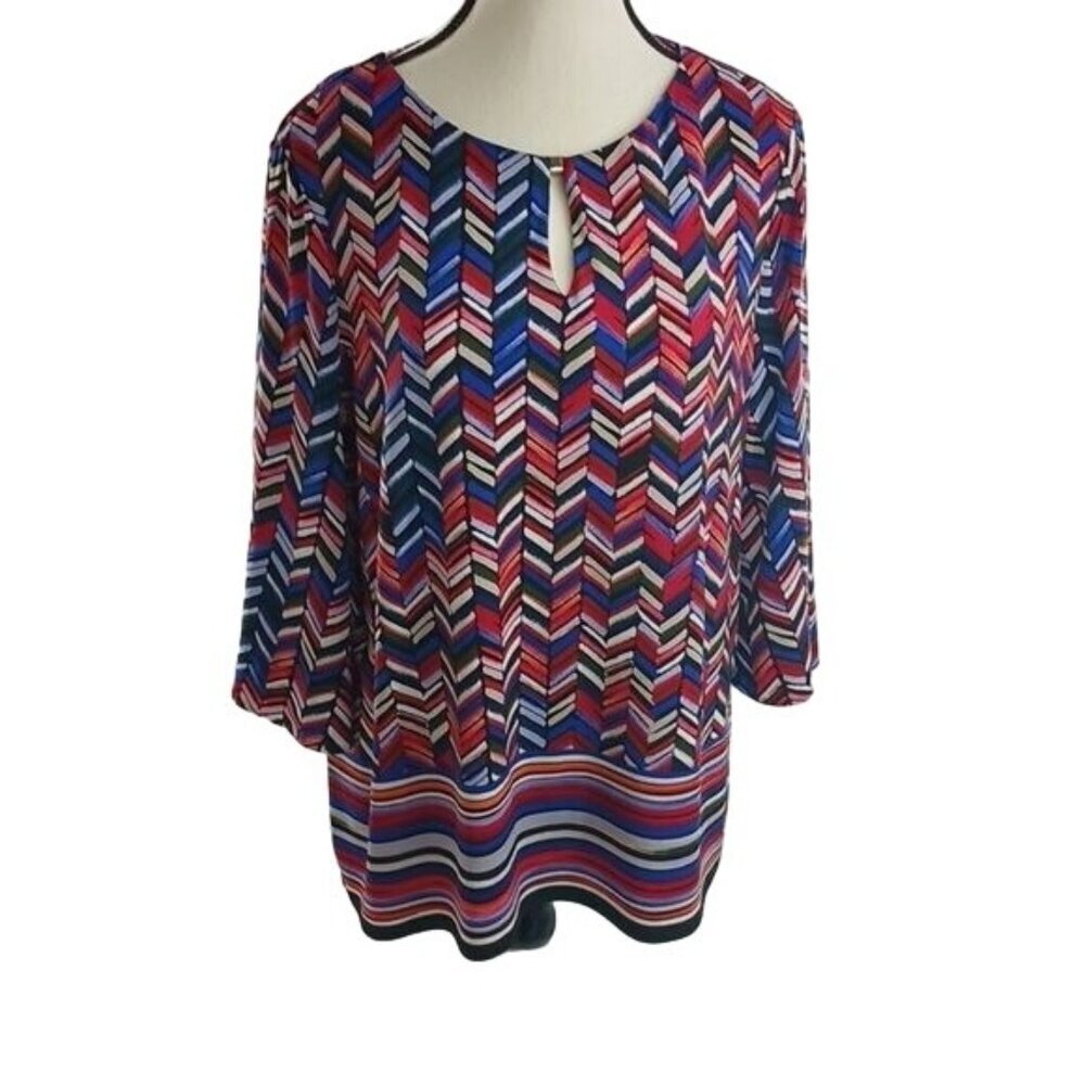 Chico's Blouse Womens L Petite Multicolor Geometric Print 3/4 Sleeve Keyhole